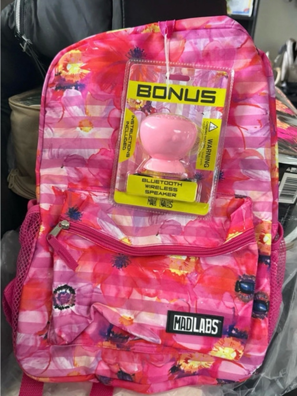 Pink Floral Kids Backpack with Bonus Pink Bluetooth Speaker